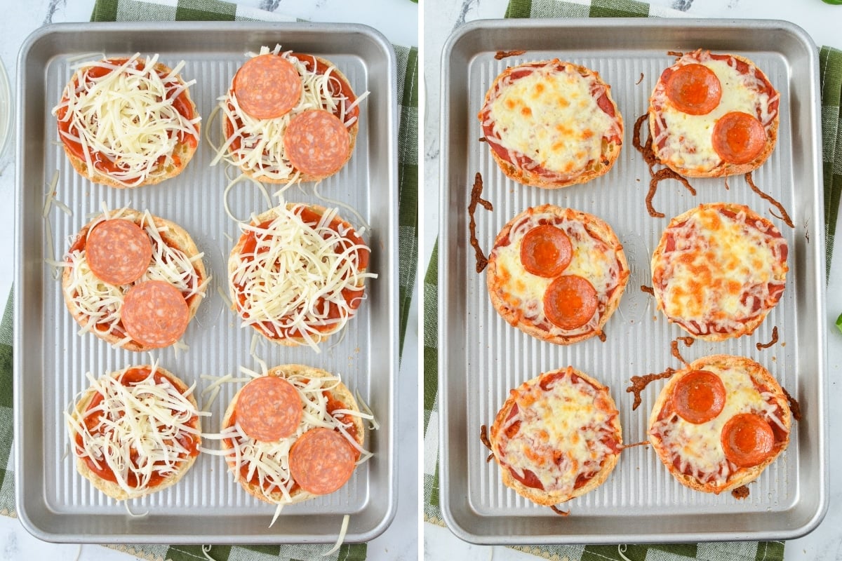 Adding pepperoni to English muffins, and then baking it.