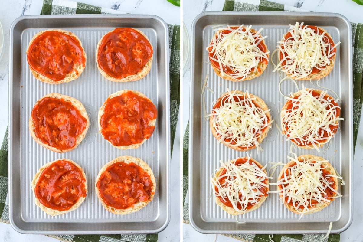 English muffins spread with pizza sauce and then topped with cheese.