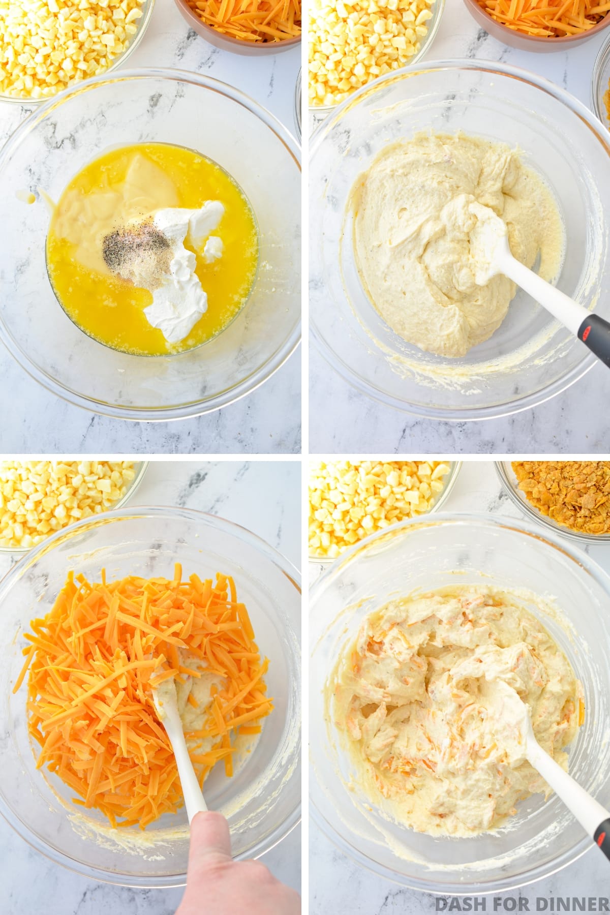 Adding butter and soup to a bowl, then folding in cheese.