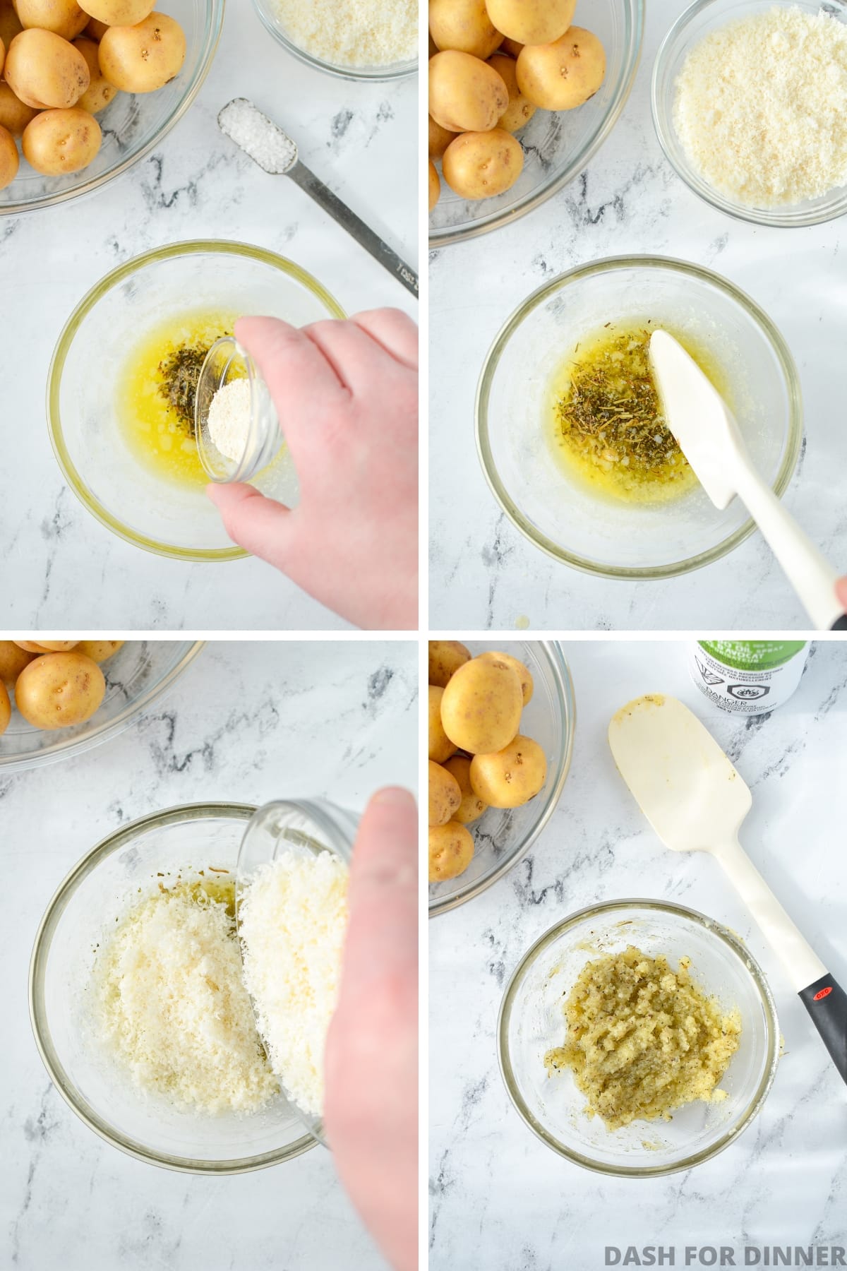 Adding seasonings and parmesan cheese to a bowl of melted butter.