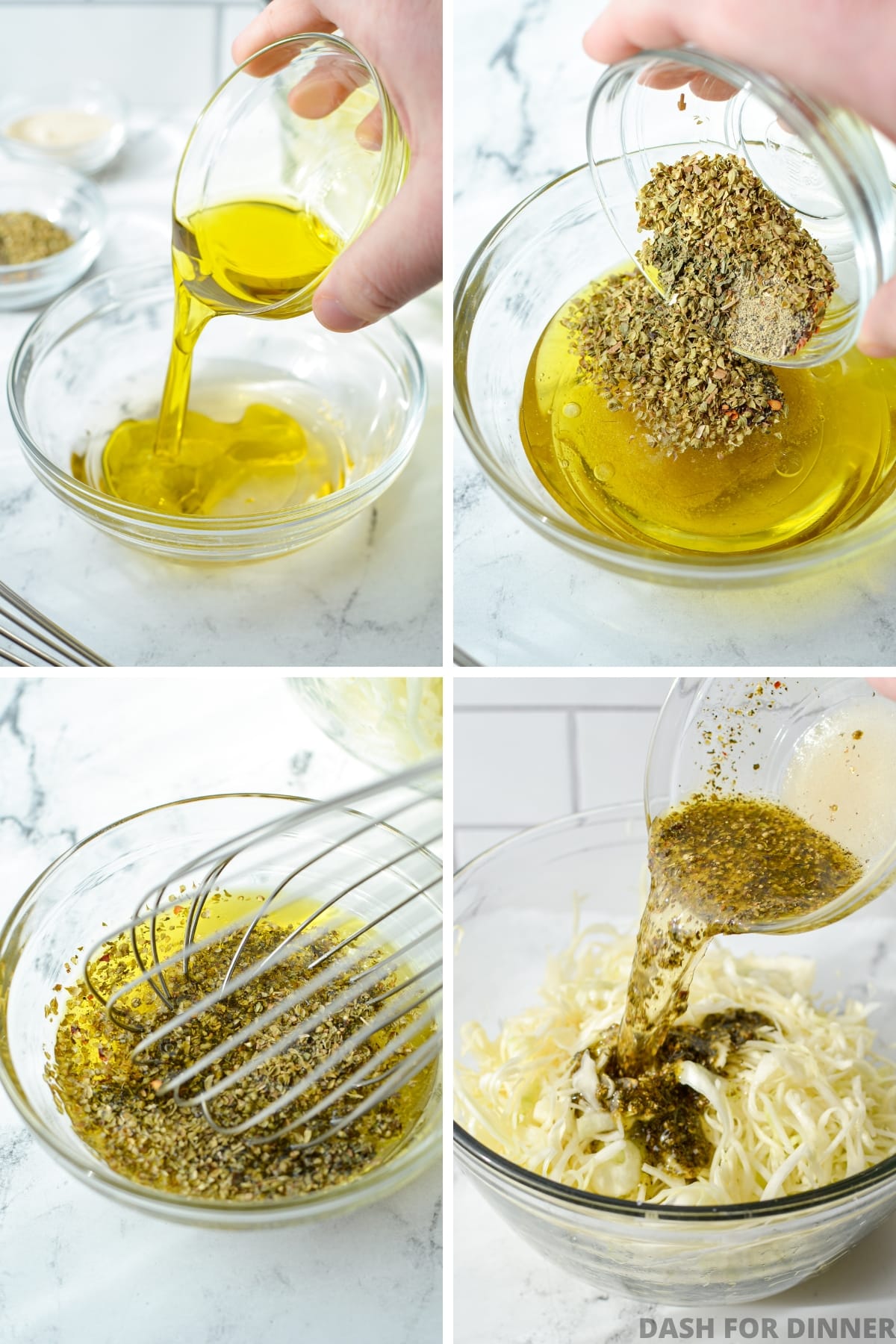 Adding oil and spices to a bowl to make a dressing for coleslaw. 