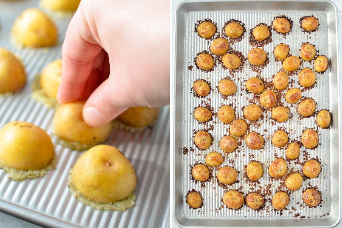 Adding baby potatoes to a baking sheet.