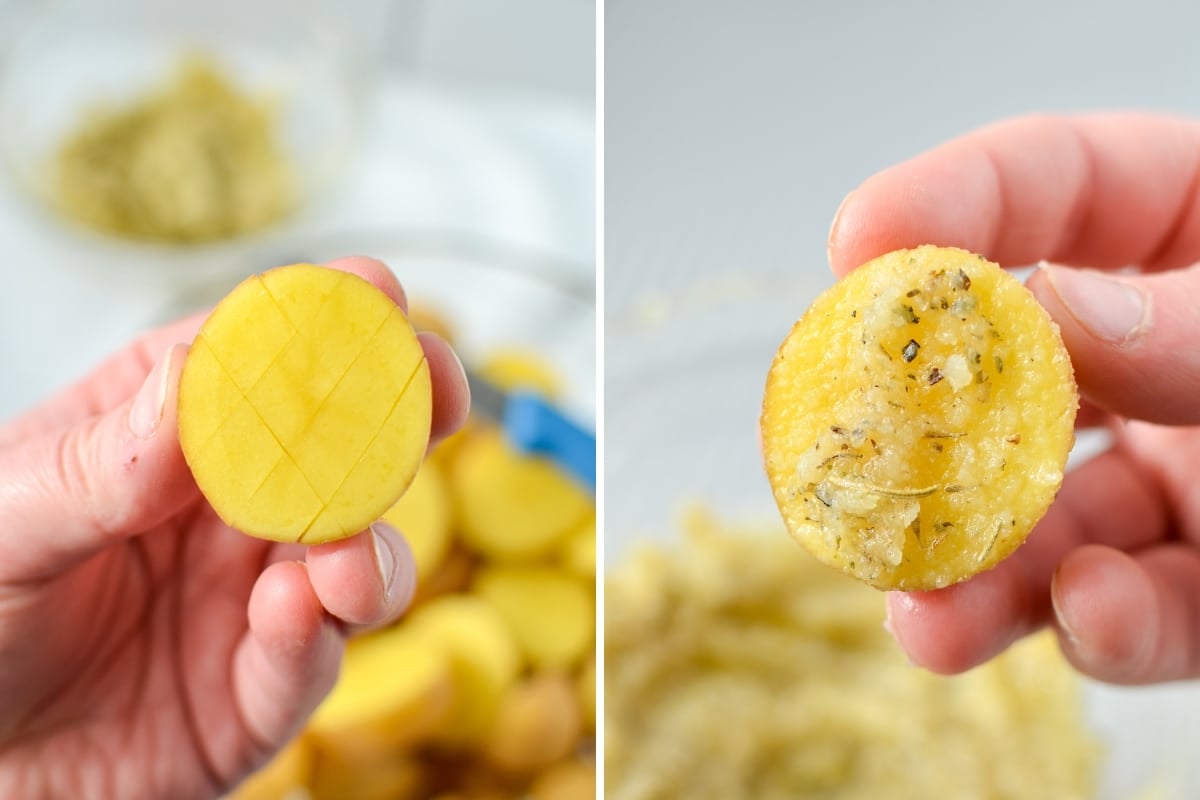 A baby potato with a crosshatch pattern covered in a parmesan and butter paste.