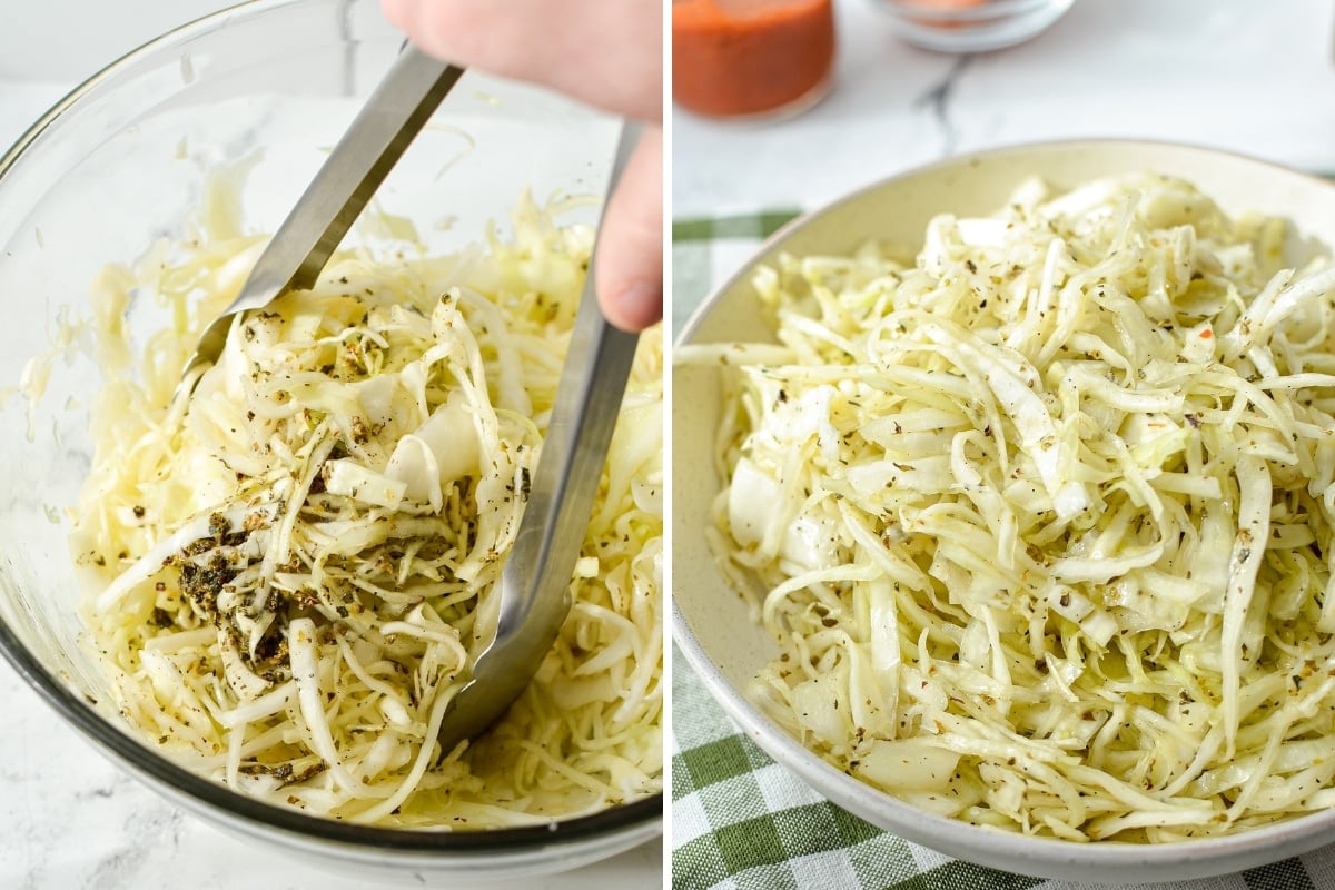 Tossing shredded cabbage with dressing.