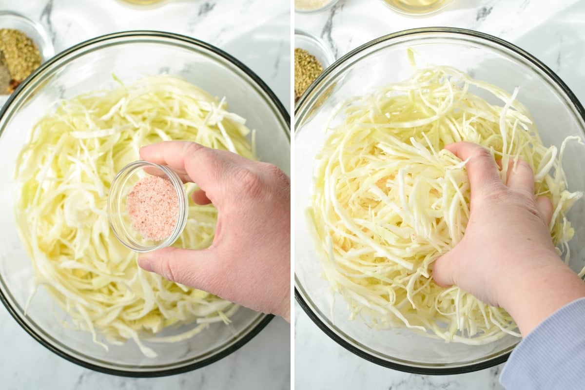 Adding salt to a bowl of shredded cabbage.