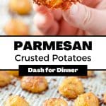 A halved baby potatoes with a parmesan crust around it.