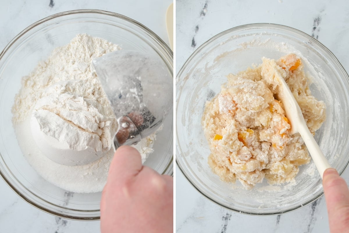 Adding flour to a mixing bowl and stirring until a cake batter forms.