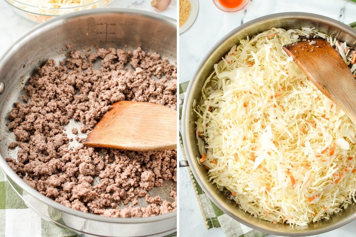 Adding coleslaw to ground beef.
