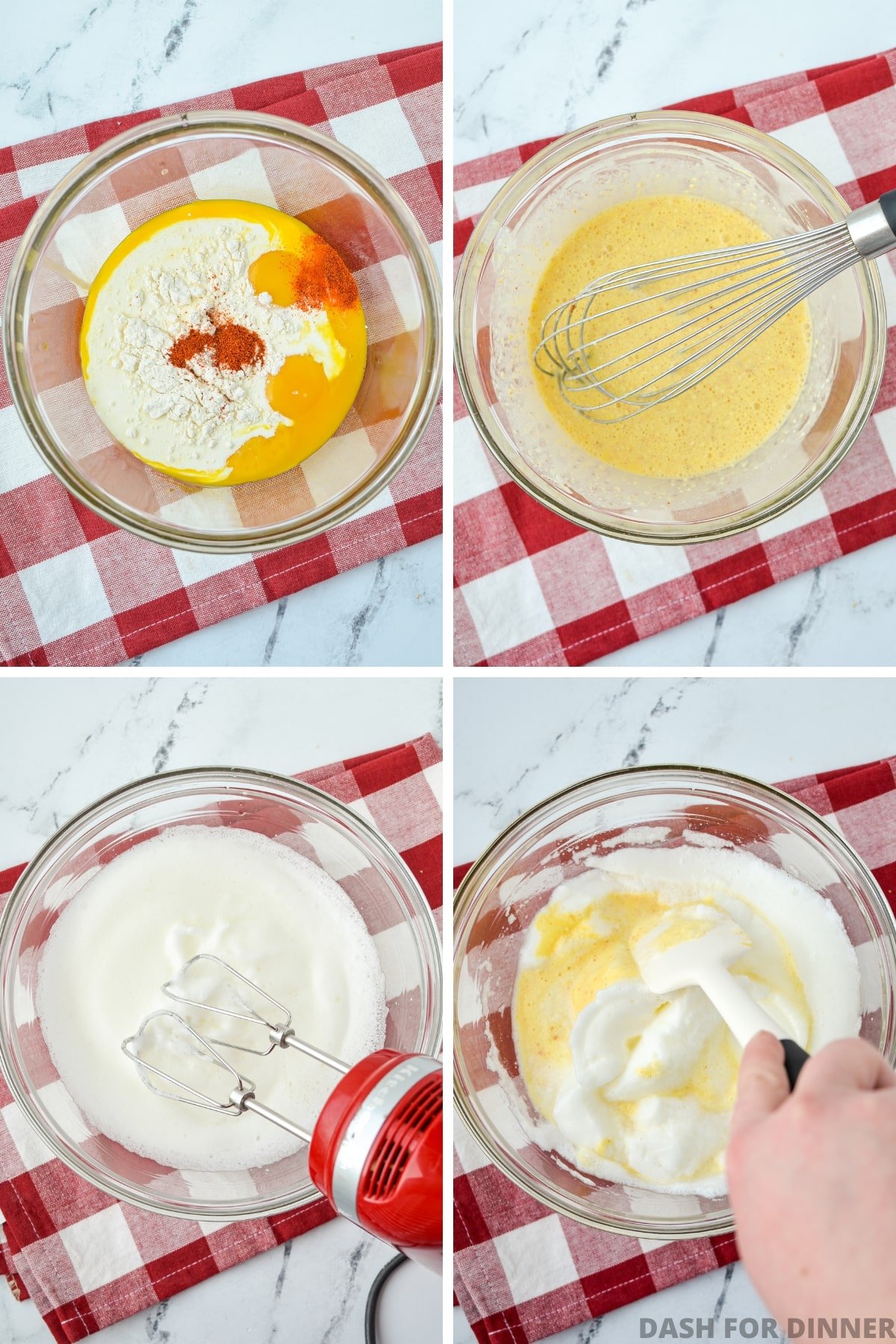 Whisking eggs with other ingredients, then folding in egg whites.