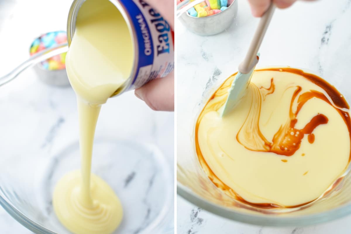 Adding sweetened condensed milk to a bowl and whisking in vanilla.