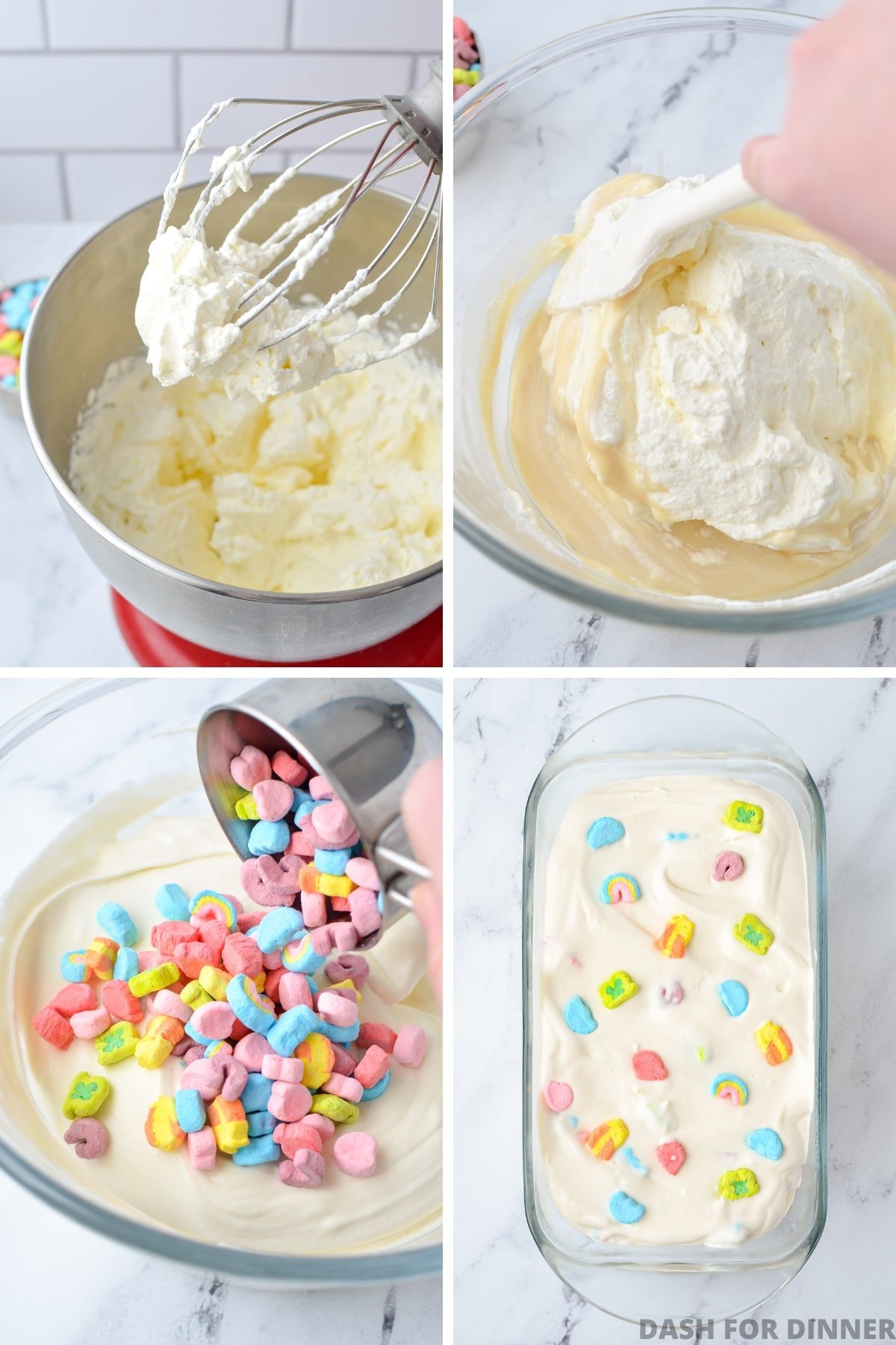 Whipping cream and folding it into an ice cream base with lucky charms marshmallows.