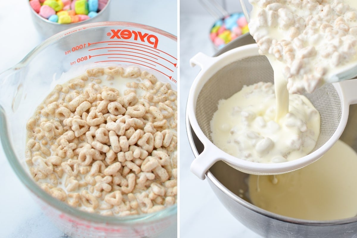Infusing and straining heavy cream that has chilled with cereal.