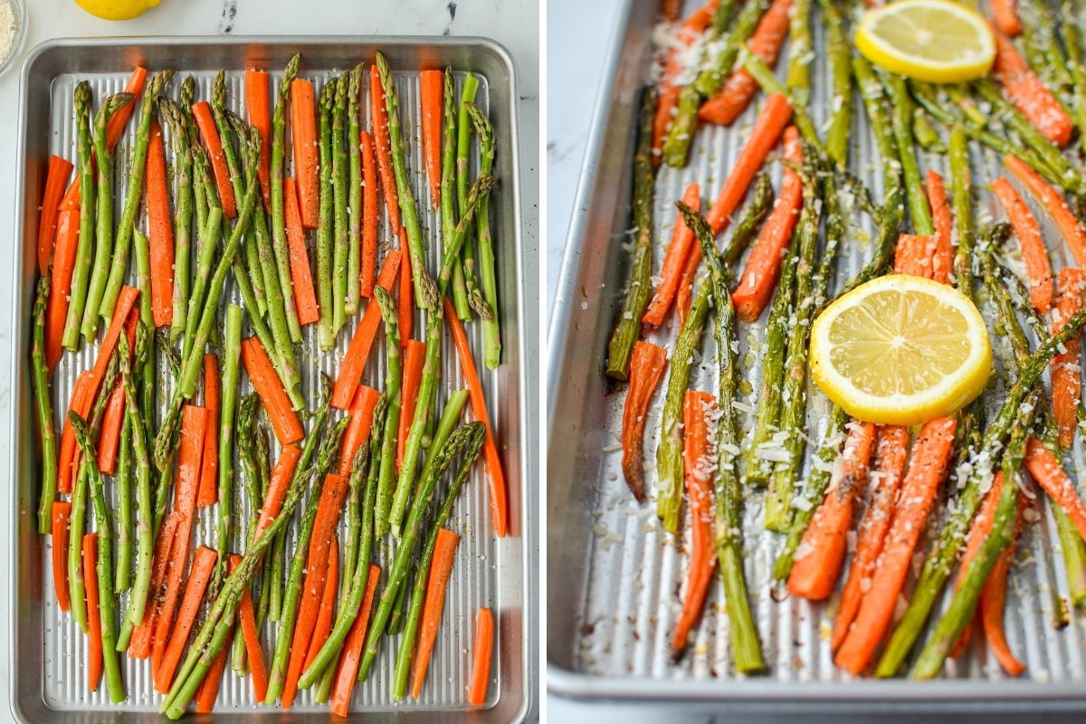 Garnishing a sheet pan of roasted veggies with lemon and parmesan.