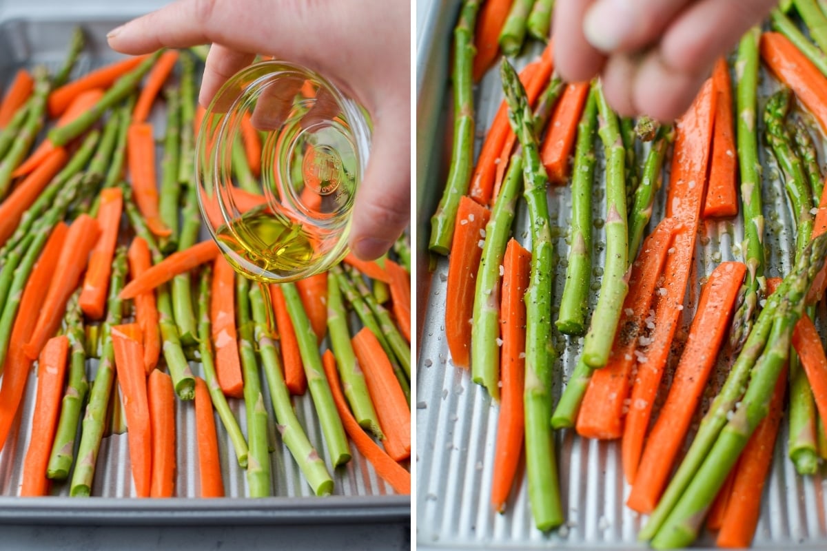 Drizzling oil on a sheet pan of roasted veggies.