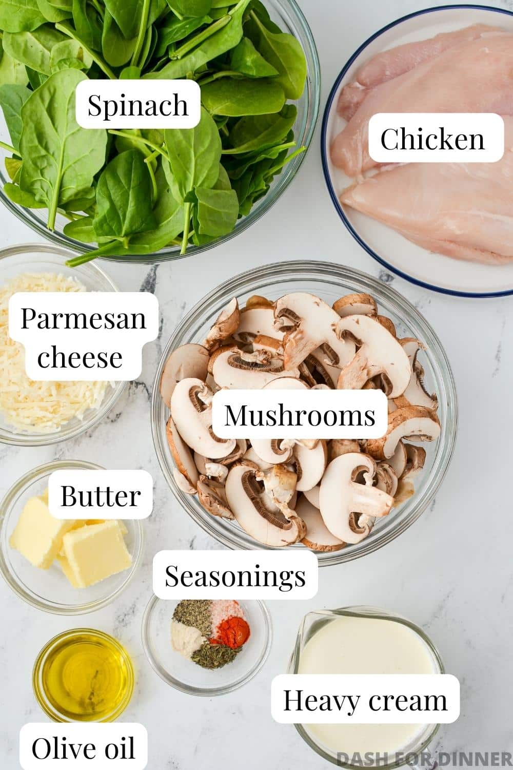 The ingredients needed to make spinach and mushroom chicken.