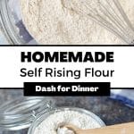 Whisking together flour in a bowl.