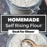 A small jar of flour with a wooden spoon in it.