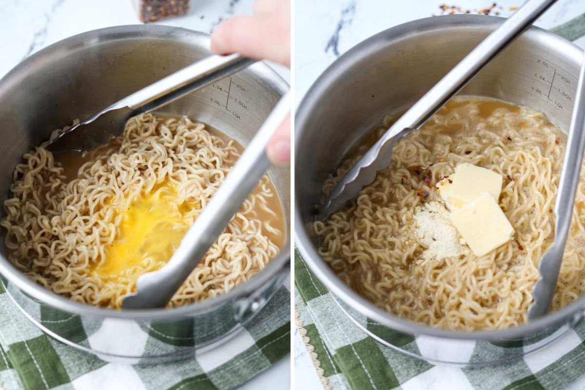 Stirring egg, butter, and garlic powder into ramen noodles.