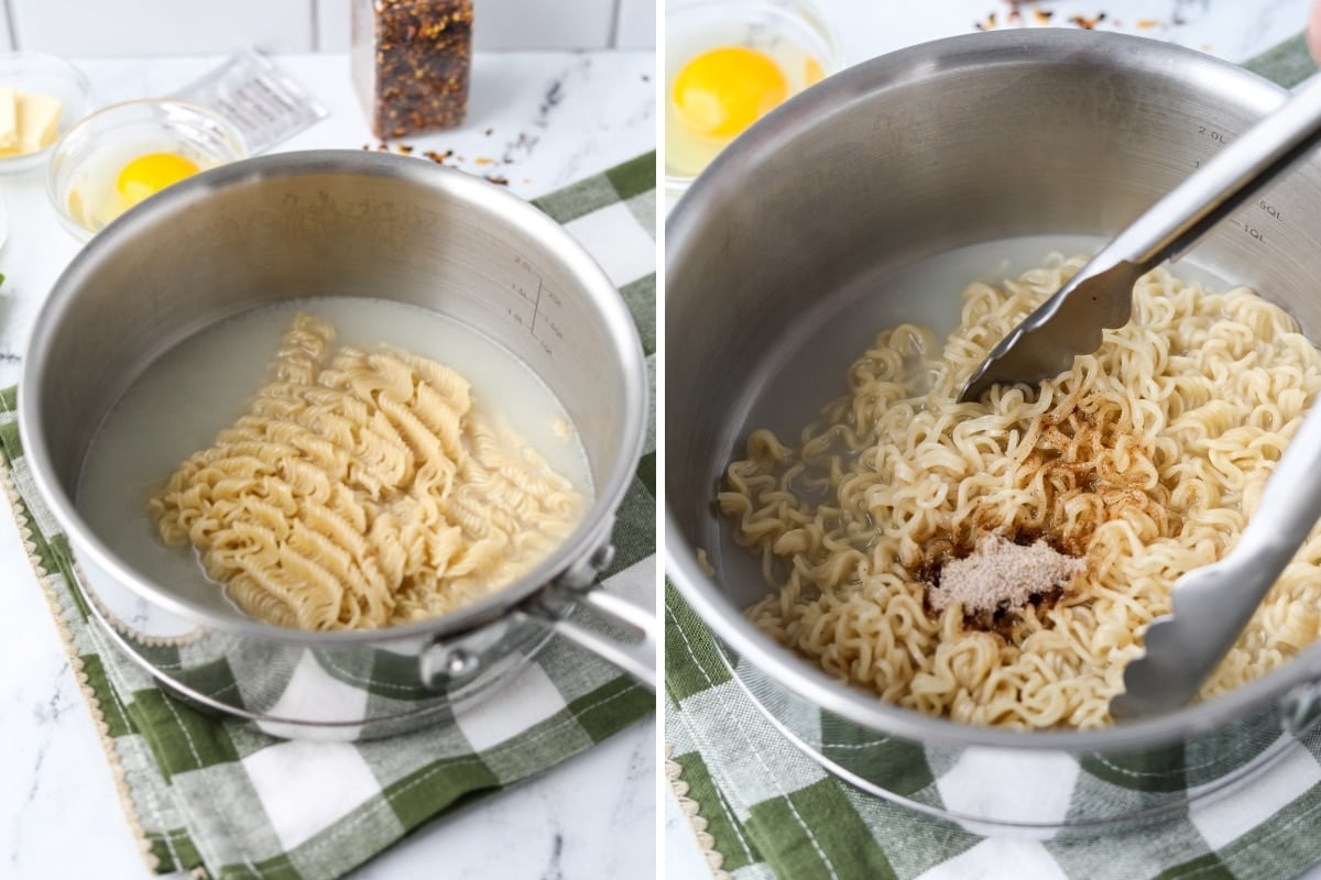 A pot of ramen noodles with seasoning being added in.