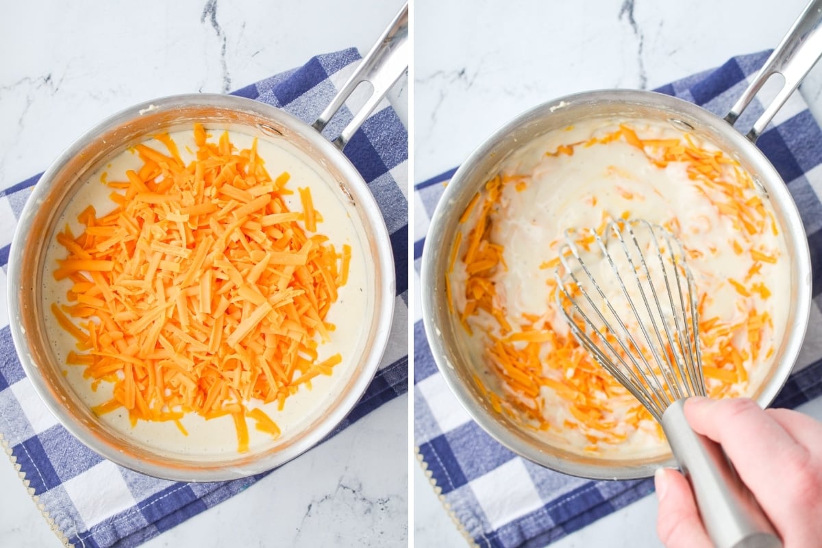 Whisking cheese into a hot white sauce.