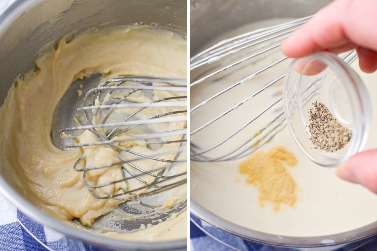 Adding milk to a roux, then seasoning with pepper and dry mustard.