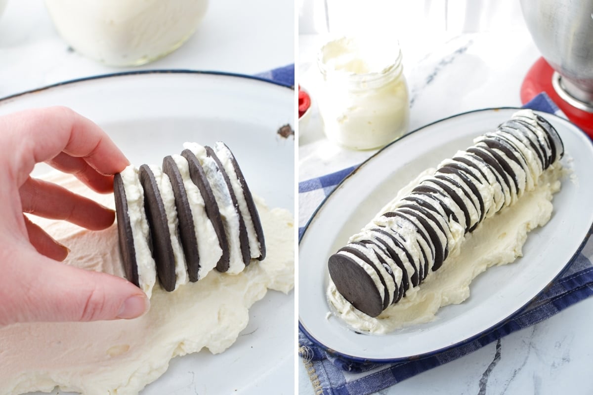 Layered chocolate wafer cookies to make a log.