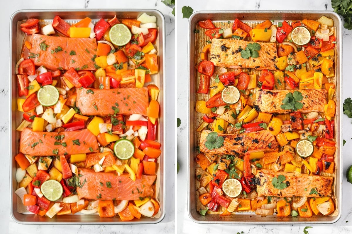 Sheet pans filled with salmon, peppers, and lime slices.