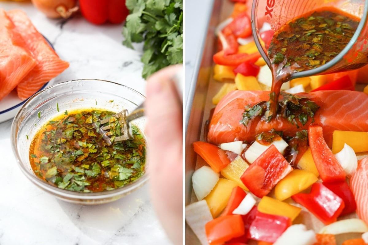 Whisking together a marinade and pouring it over veggies.