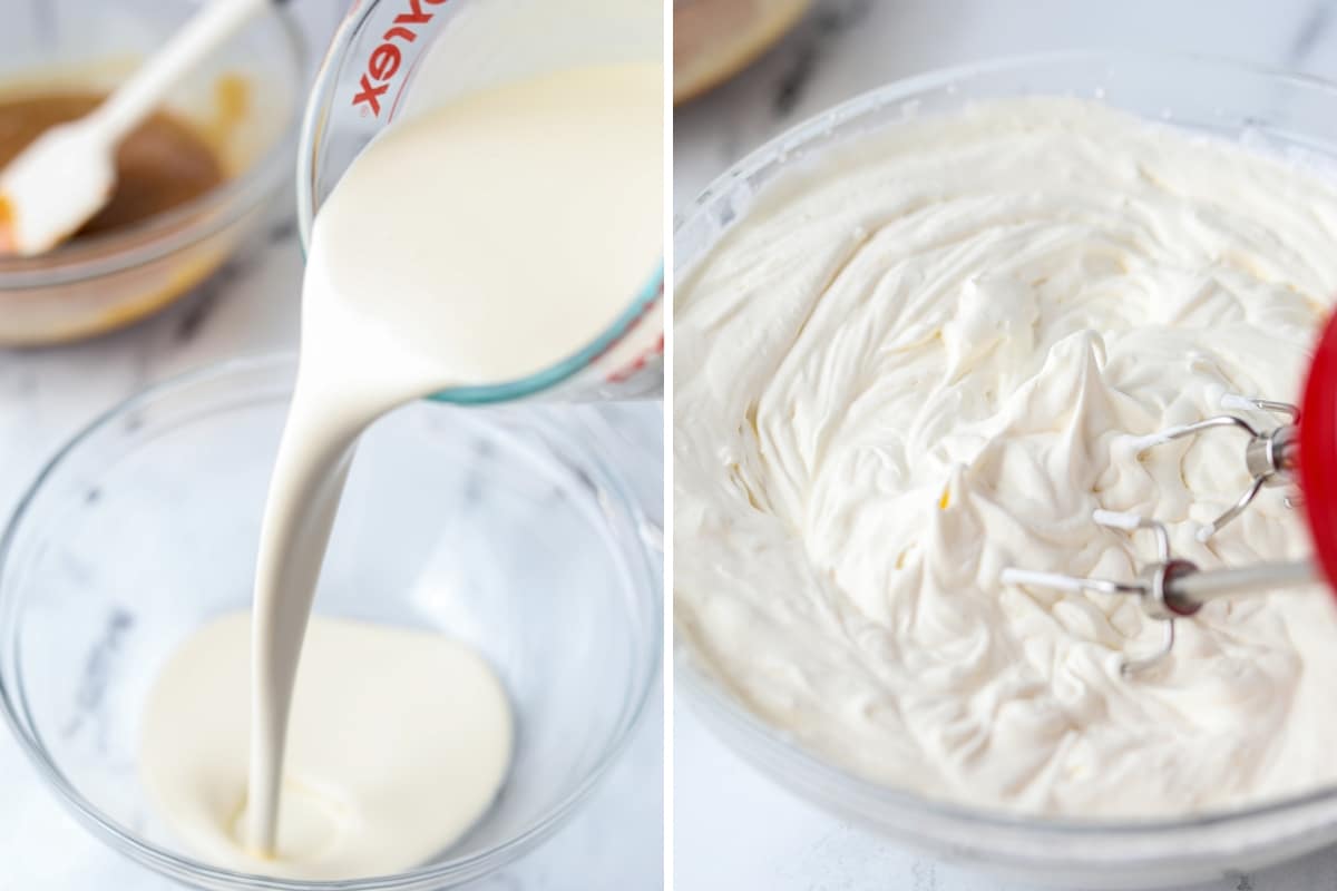 Pouring heavy cream into a bowl, then whipping it until stiff peaks form.