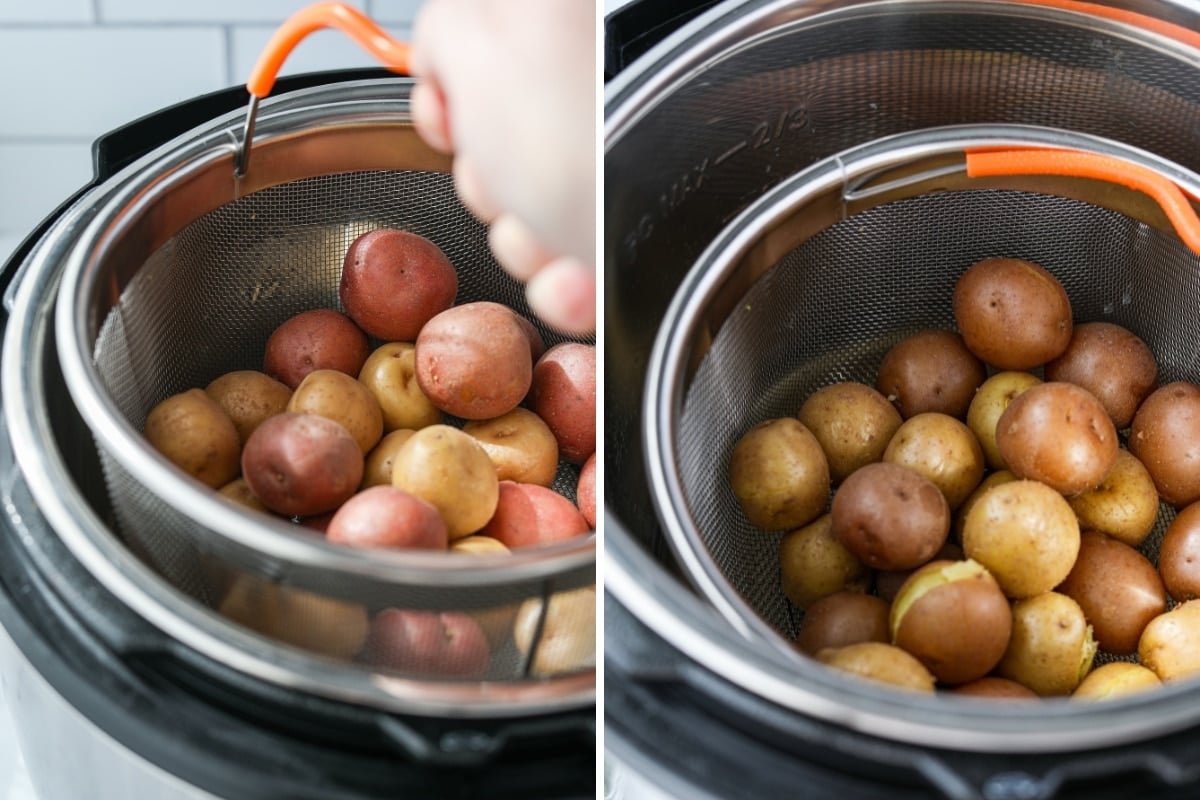 Placing a steamer basket of potatoes in an Instant Pot.