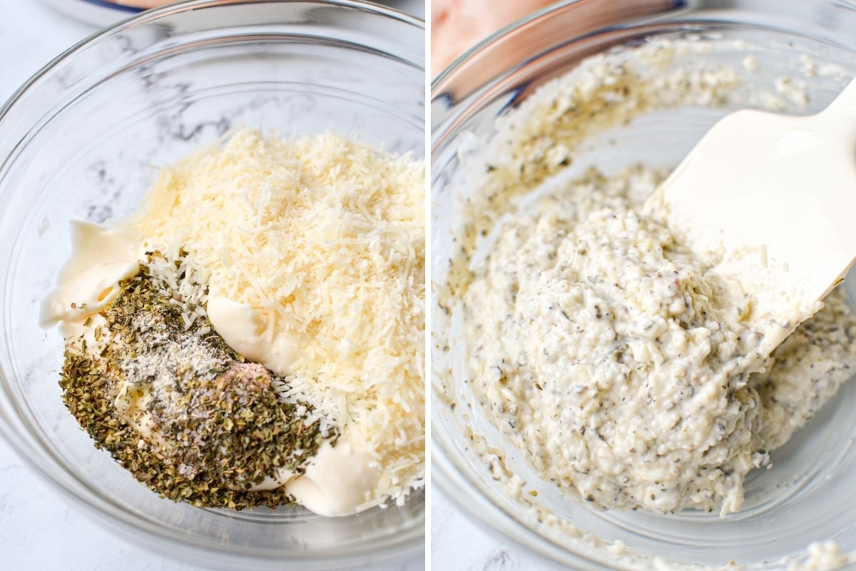 Mixing mayonnaise, seasonings, and parmesan cheese together in a bowl.