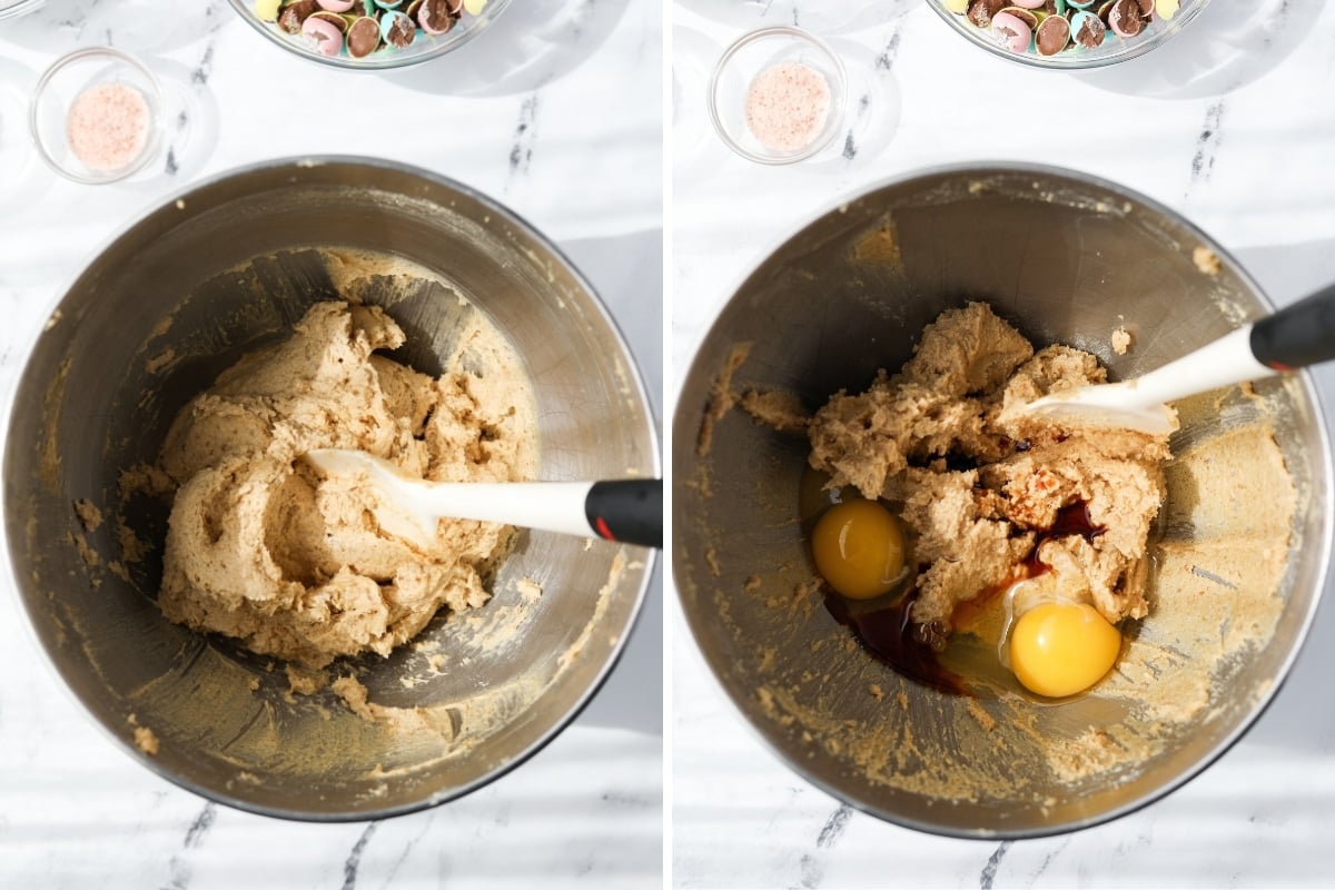 A stand mixer bowl with cookie dough, eggs, and vanilla in it.