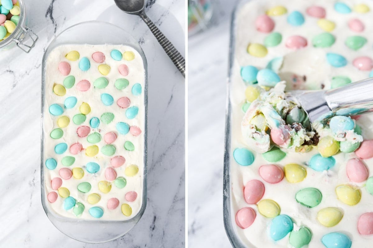 Homemade ice cream in a loaf pan topped with mini eggs.