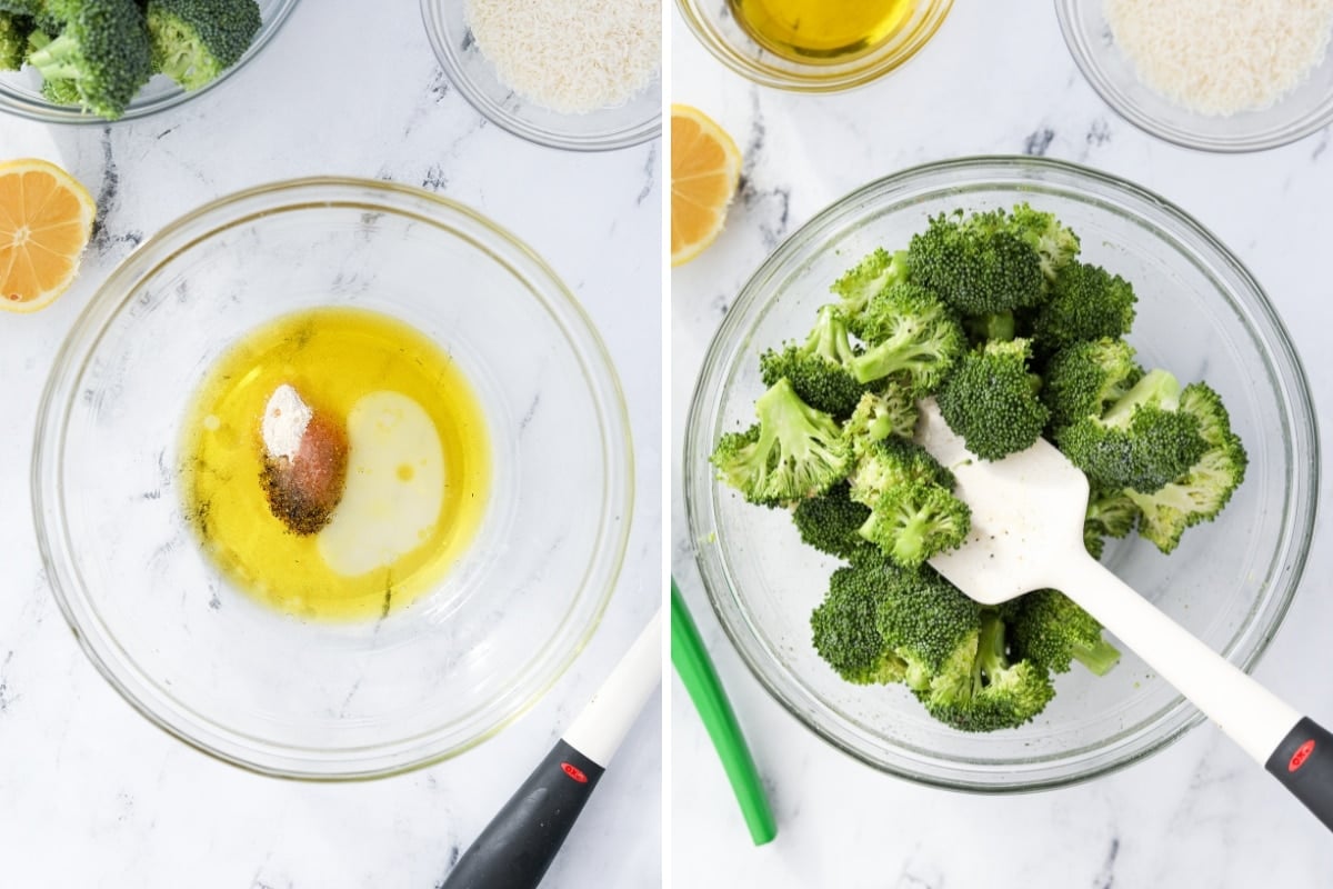 Adding seasoning to oil, then tossing with broccoli.