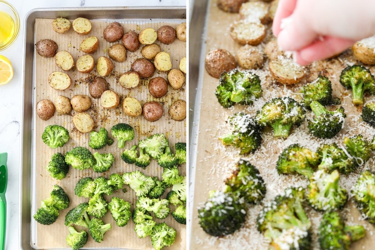 Adding potatoes and broccoli to a sheet pan, then tossing with parmesan cheese.