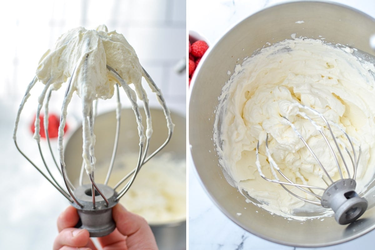 Whipped cream on a stand mixer whisk.