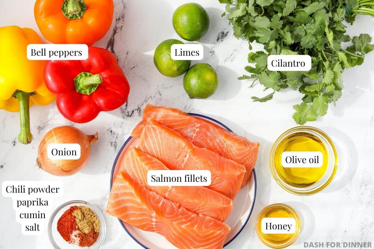 The ingredients needed to make cilantro lime salmon: lime, cilantro, salmon, bell peppers.