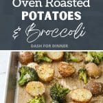 Baby potatoes and broccoli on a sheet pan.
