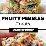 Breaking a fruity pebbles treat to show the marshmallow insides.