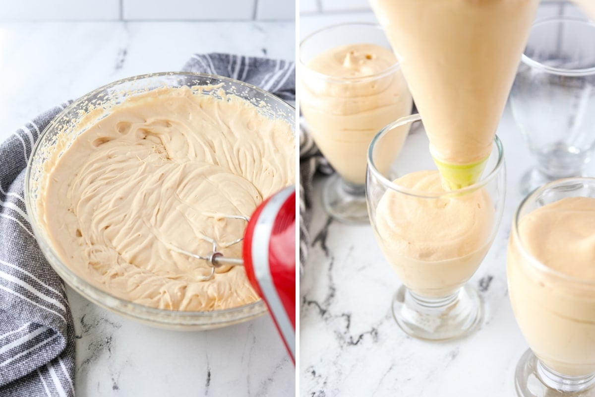 Piping mousse into dessert jars.