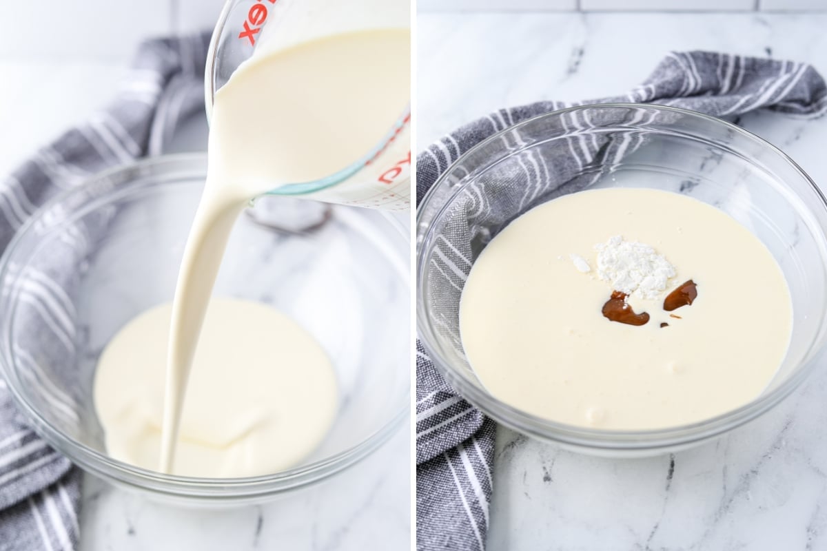 Adding heavy cream to a bowl.