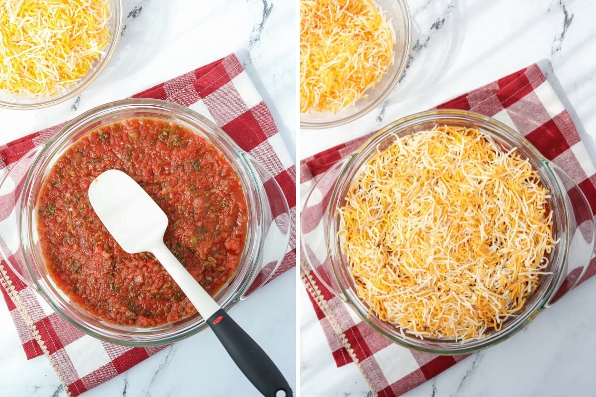 Spreading salsa and cheese in a baking dish.