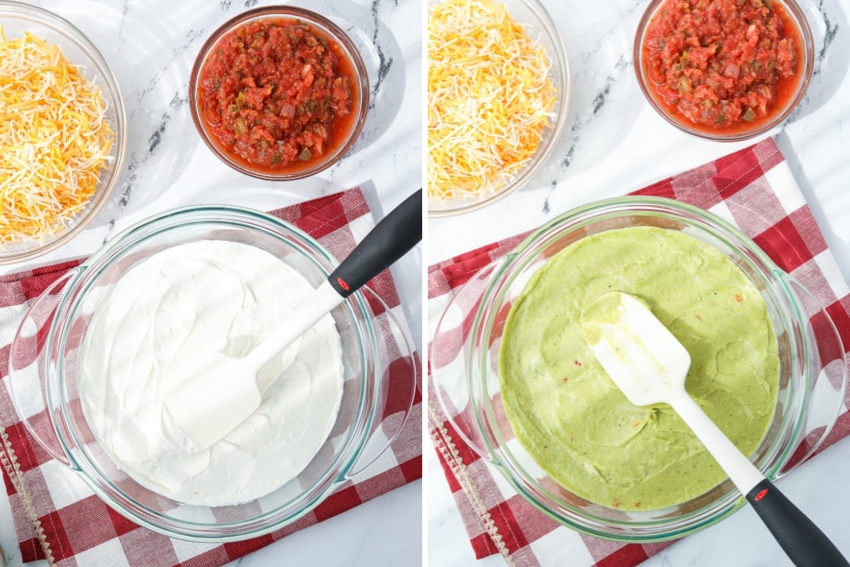 Spreading sour cream and guacamole into a glass baking dish.