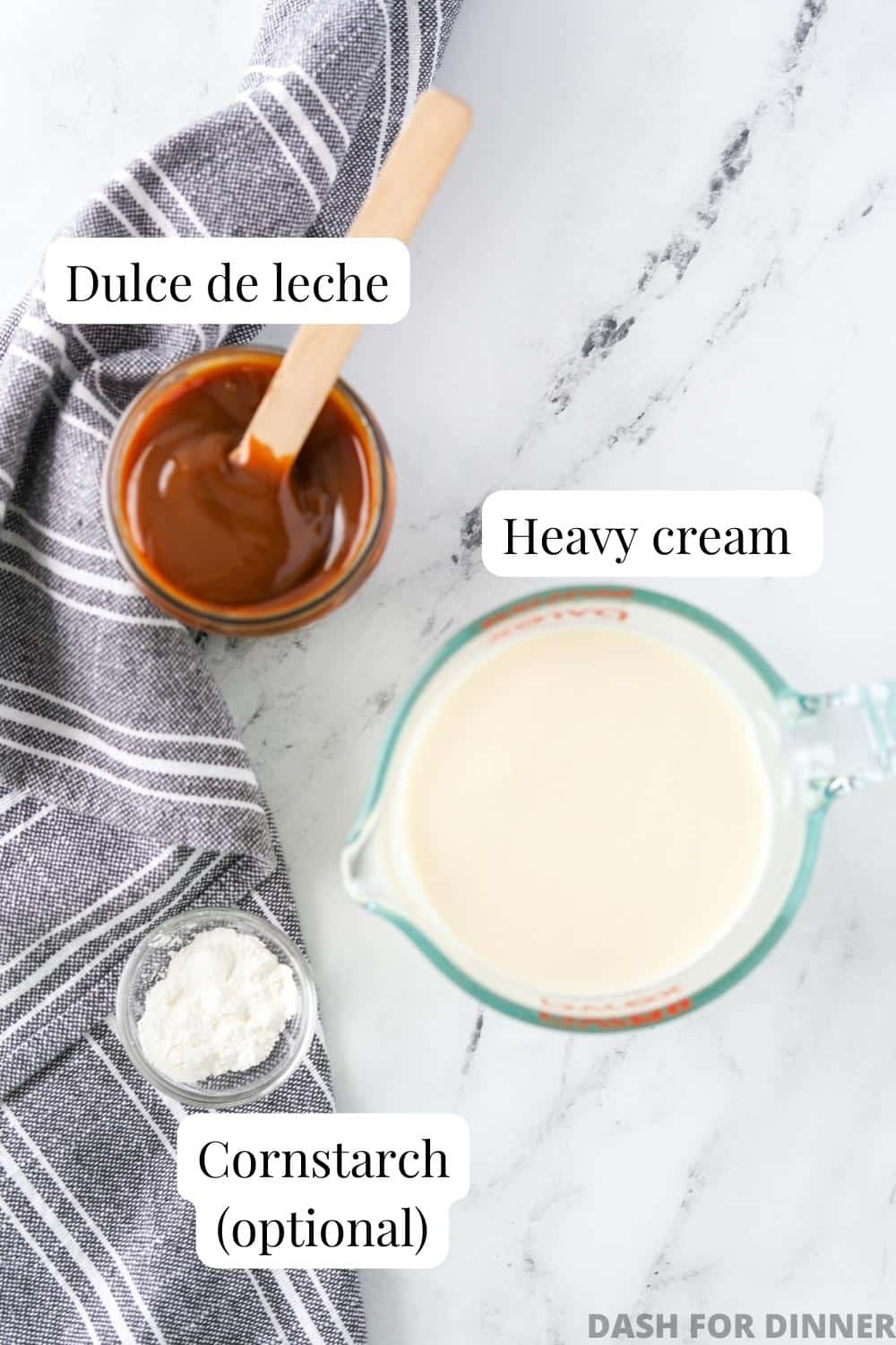 The ingredients needed to make dulce de leche mousse: heavy cream, dulce de leche, and optional cornstarch.