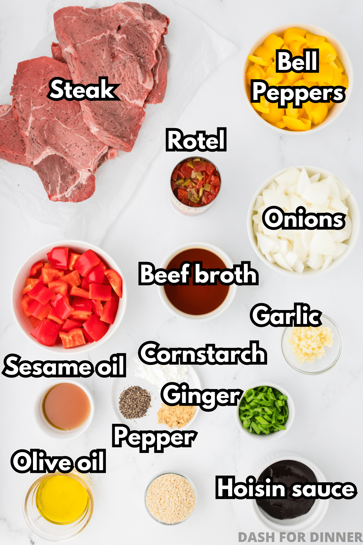 The ingredients needed to make pepper steak: beef, hoisin, sesame oil, beef broth, bell peppers, etc.