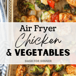Chicken and vegetables that have been cooked in an air fryer tray.