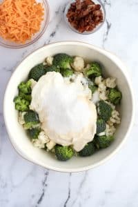 A bowl with cauliflower, broccoli, and a cream dressing piled on top.