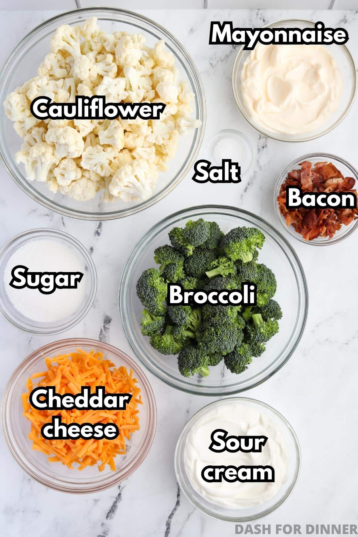 The ingredients needed to make broccoli salad: vegetables, cheese, bacon, mayo, sour cream, and sugar.