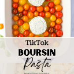 A baking dish with cherry tomatoes and rounds of Boursin cheese.