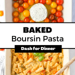 A baking dish filled with cherry tomatoes and Boursin cheese.